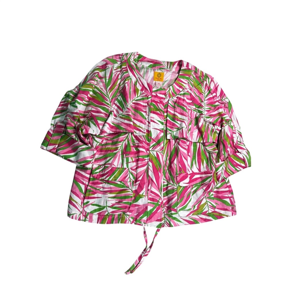 Ruby Rd Petite Linen Rayon Tropical Utility Jacket Pink Green Palm Print 14P